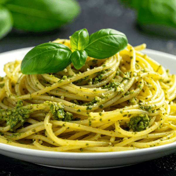 Pasta mit Basilikum auf Olivenöl als Serviervorschlag