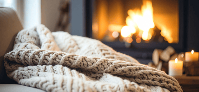 Gemütliche Szene mit Decke, Kamin und Kerzenlicht – inspiriert von der warmen Atmosphäre der LED Flaschenlampe für Flaschen