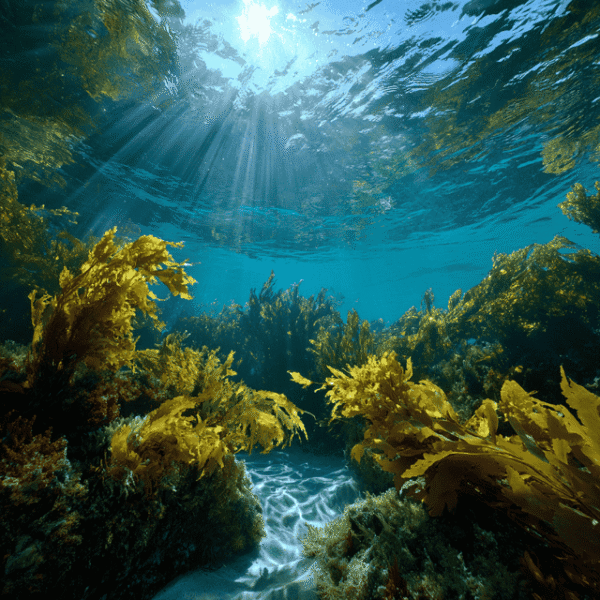 Unterwasseraufnahme mit goldgrünen Meeresalgen im Sonnenlicht – Sinnbild für natürliche Pflege und Frische der Pflegeseife Meeres Rauschen mit Olivenöl