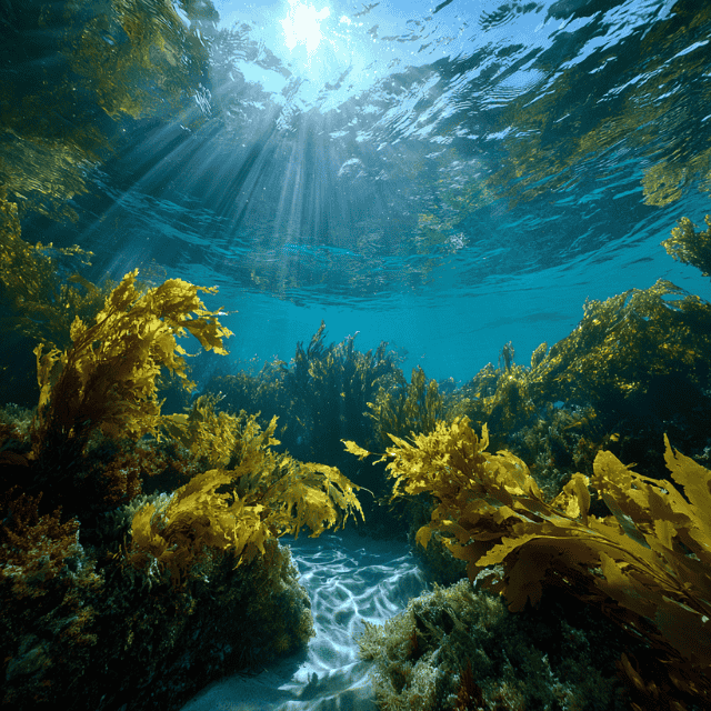 Unterwasseraufnahme mit goldgrünen Meeresalgen im Sonnenlicht – Sinnbild für natürliche Pflege und Frische der Pflegeseife Meeres Rauschen mit Olivenöl